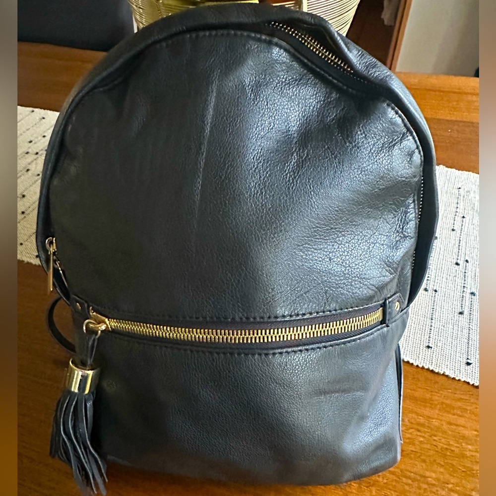MARGOT Genuine Leather Black Backpack w/ Tassel & Chain Handle